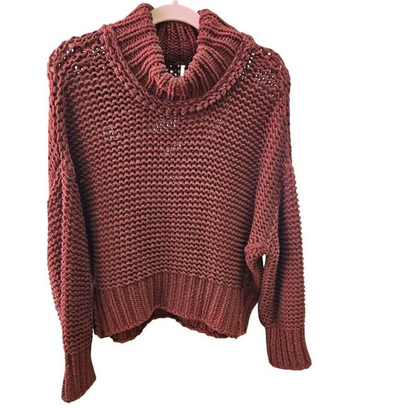 Free People My Only Sunshine Cowl Neck Sweater Chunky Knit Maroon Size M - Picture 2 of 9